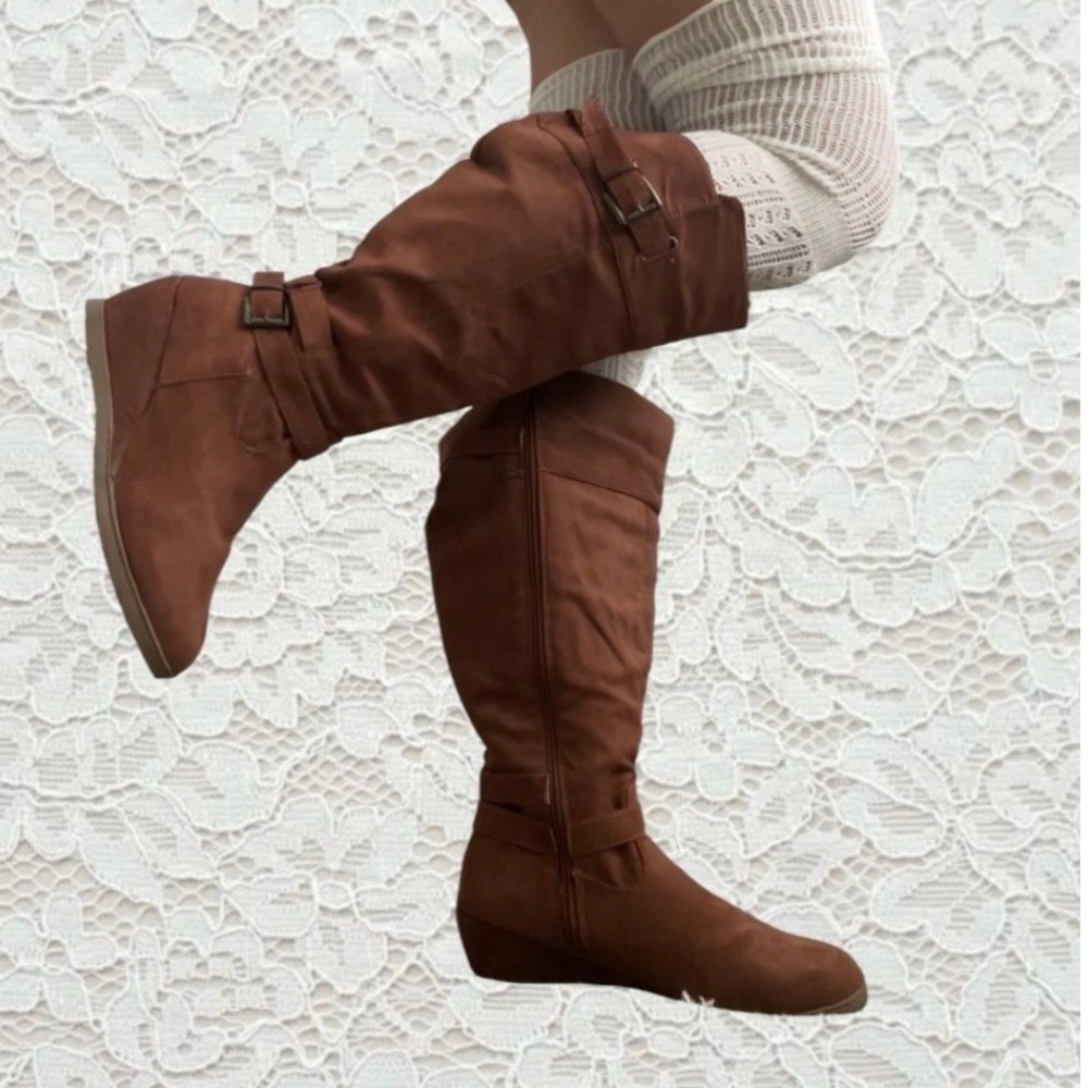 vintage brown suede knee boots with buckle detail and wedge heel